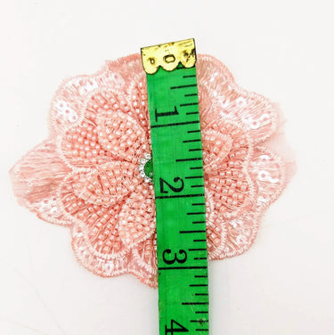 Pink Hand Embroidered Floral Applique With Beads, Crochet Cut Dana Applique, Beaded Flower Motifs